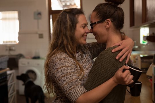 Lesbian couple hugging in kitchen