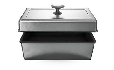 Stainless steel or tin metal shiny silver box container with handle Isolated on white background for mock up and packaging Design. 3d render illustration.