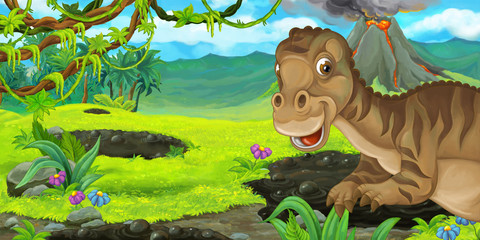 cartoon scene with happy dinosaur maiasauria near erupting volcano - illustration for children