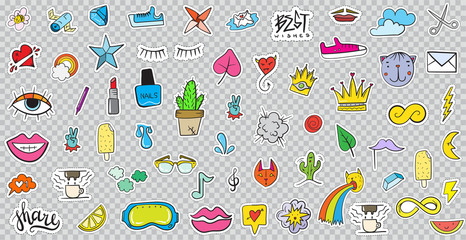 Big Set of Patches Elements like Flower, Heart, Crown, Cloud, Lips, Mail, Diamond, Eyes. Hand Drawn Vector. Cute Fashionable Stickers Collection. Doodle Pop art Sketch Badges and Pins.