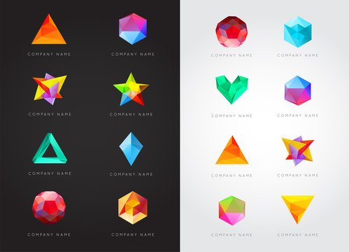 Big Set of Geometric Shapes Unusual and Abstract. Vector Logo. Polygonal Colorful Logotypes.
