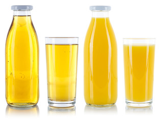 Apfelsaft Orangensaft Saft in der Flasche Glas freigestellt Freisteller isoliert