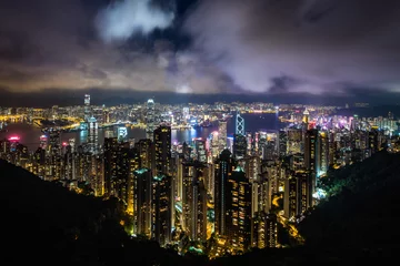Foto op Canvas Hong Kong stadsgezicht en Victoria Harbour bij nacht, Hong Kong, China. © R.M. Nunes