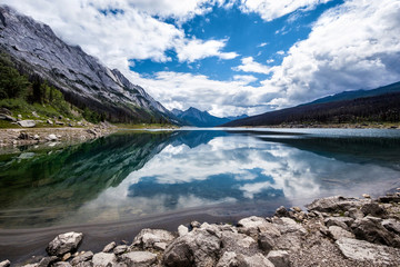 Medicine Lake during summer in Jasper National Park, Canadian Rockies, Alberta, Canada.