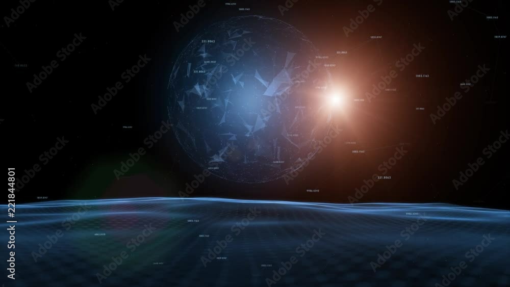 Poster cyberspace network sphere with sunlight and flying random numbers.