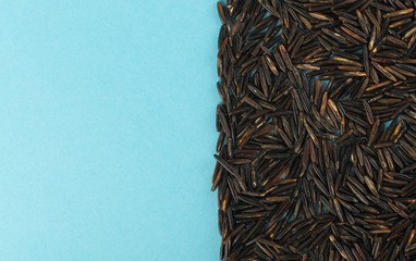 Fototapeta na wymiar Raw Black Wild Rice on Blue Paper Background
