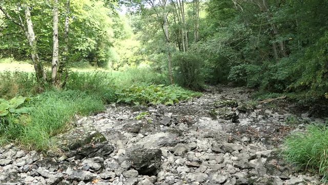 dry Ahrbach (Ahr stream) next to Water Dreimuehlen (three mills) at vulcan eifel region (Germany)