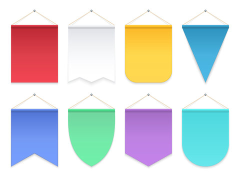 Color pennant. Triangle hanging banners and flags. Fabric football team  pennants vector template. Illustration of colored banner vertical, empty  blank for advertising or symbol Stock Vector | Adobe Stock