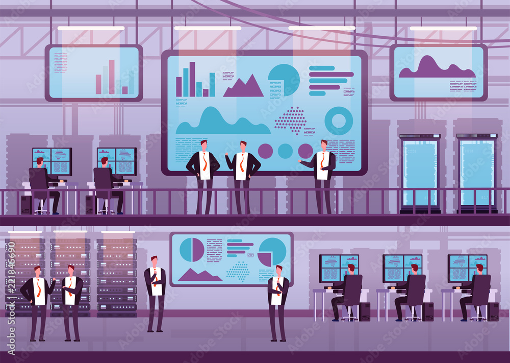 Poster control center. business people working with computers big monitor. brokers trading on stock exchang
