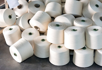 many Rolls of industrial white cotton fabric for clothing cloth textile manufacture on machine. many reels of thread spools in spinning factory.