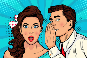 Man whispering gossip or secret to his girlfriend or wife. Colorful illustration in pop art retro comic style. 