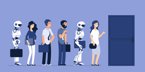 Robots and people unemployment. Android and man competition for job. Recruitment vector concept. Job, recruitment robotic and human illustration