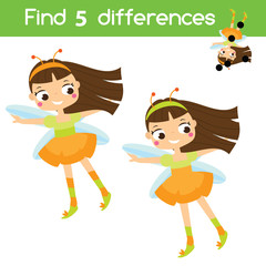 Find the differences educational children game. Kids activity sheet with cute fairy