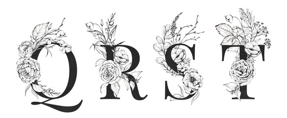 Graphic Floral Alphabet Set - letters Q, R, S, T with black & white flowers bouquet composition. Unique collection for wedding invites decoration, logo and many other concept ideas.