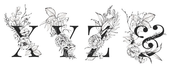 Graphic Floral Alphabet Set - letters X, Y, Z, & Ampersand with black & white flowers bouquet composition. Unique collection for wedding invites decoration, logo and many other concept ideas.