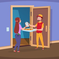 Delivery to home. Boy deliver handing pizza and woman customer paying order. Home delivery food vector concept. Pizza food delivery courier, deliver express to doorway illustration