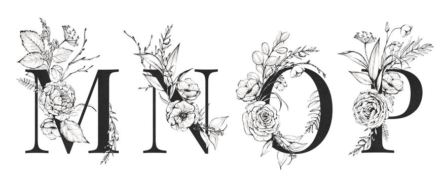Graphic Floral Alphabet Set - letters M, N, O, P with black & white flowers bouquet composition. Unique collection for wedding invites decoration, logo and many other concept ideas.