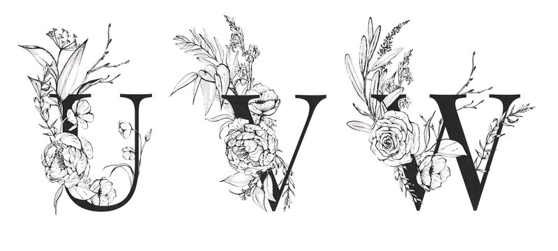 Graphic Floral Alphabet Set - letters U, V, W with black & white flowers bouquet composition. Unique collection for wedding invites decoration, logo and many other concept ideas.