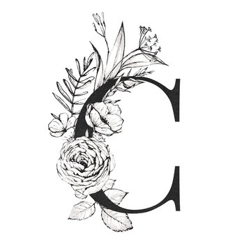 Graphic Floral Alphabet - letter C with black and white flowers bouquet composition. Unique collection for wedding invites decoration, logo, baby shower, birthday and many other concept ideas.