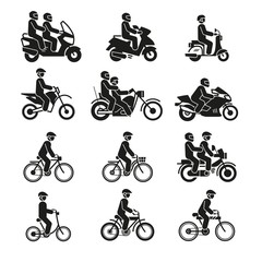 Motorcycles and bicycles icons. Moto vehicles with persons biker and cyclist vector pictograms isolated on white background. Illustration of motorcycle transport, bike and bicycle © MicroOne