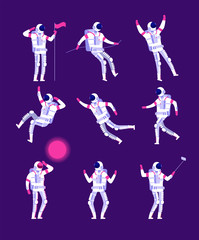 Cartoon astronauts. Spaceman with spaceship, planet and flag. Vector cosmonaut characters. Astronaut in space, science astronomy, spacesuit in cosmos illustration