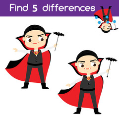 Find the differences educational children game. Kids activity sheet with boy in vampire costume. Halloween theme