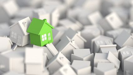 Green house among white houses. Hunting and searching concept. 3D Rendering