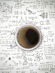 Hot americano coffee on math and science paperwork