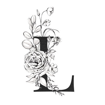 Graphic Floral Alphabet - letter L with black and white flowers bouquet composition. Unique collection for wedding invites decoration, logo, baby shower, birthday and many other concept ideas.