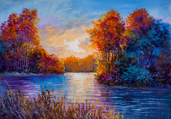 Autumn on the river. landscape . Painting: canvas, oil.