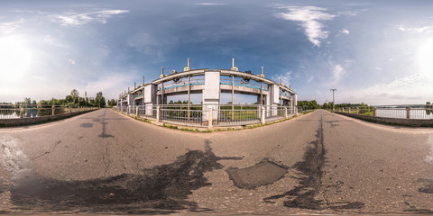 full seamless spherical panorama 360 degrees angle view near dam of hydroelectric power station in equirectangular equidistant projection, VR AR virtual reality content