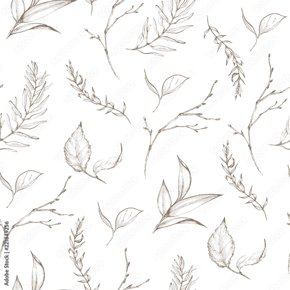 Wall mural Graphic floral seamless pattern - branches and leaves isolated elements on white background. For wedding stationary, greetings, wallpapers, fashion, logo, wrapping paper, fashion, textile, etc.