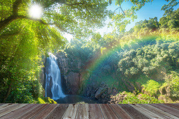 Hew Narok, beautiful waterfall in Khao Yai national park of Thailand with sun rays and rainbow.