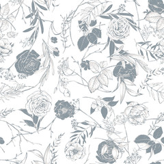 Graphic floral seamless pattern - flowers and leaves isolated elements on white background. For wedding stationary, greetings, wallpapers, fashion, logo, wrapping paper, fashion, textile, etc.
