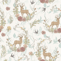 Graphic floral seamless pattern - flower wreaths & deer illustration on white background. For wedding stationary, greetings, wallpapers, fashion, logo, wrapping paper, fashion, textile, etc.