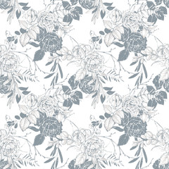 Graphic floral seamless pattern - flower bouquets on white background. For wedding stationary, greetings, wallpapers, fashion, logo, wrapping paper, fashion, textile, etc.