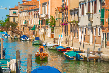 gondola in the narrow canals of Venice, Italy