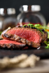 chopped rare steak black angus selective focus