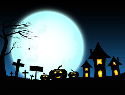 Halloween design with pumpkins and dark castle on full blue Moon background, Vector illustration