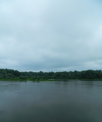 water, sky (cowered with clouds) and far away forest - calm background