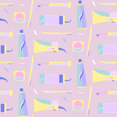 Pale colors seamless pattern with tooth hygiene tools. Violet and yellow dental morning and evening cleaning teeth texture for wrapping paper, textile, cover, background, wallpaper