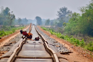Fototapeta na wymiar Bamboo train tracks under (re)construction (Battambang, Cambodia)