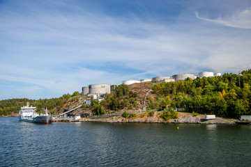 Naklejka na ściany i meble Oil tanker at port in Stockholm Sweden