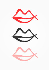 Outline of lips drawn by hand with rough brush. Grunge icon, symbol, logo. Sketch, watercolor, paint, graffiti.