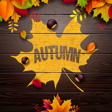 Autumn Illustration with Colorful Leaves and Chestnut and Lettering on Vintage Wood Background. Autumnal Vector Design for Greeting Card, Banner, Celebration Flyer, Invitation, Brochure or Promotional