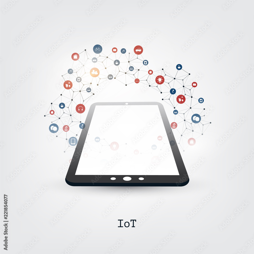 Aufkleber colorful internet of things, cloud computing design concept with tablet pc and icons - digital netwo