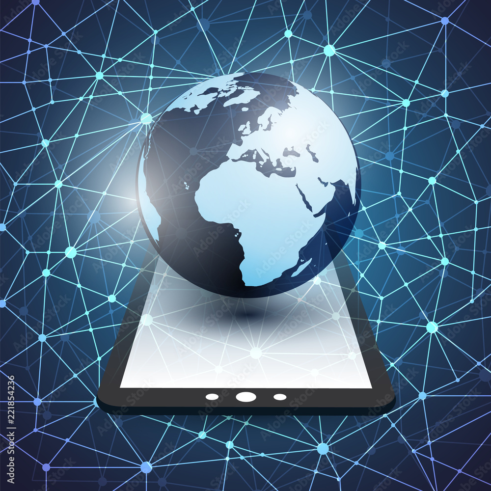 Poster cloud computing, digital network connections design concept with earth globe and tablet pc - technol