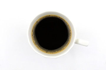 Top view of coffee cup on white background