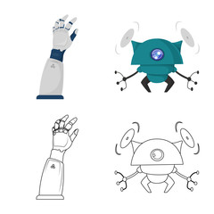 Vector illustration of robot and factory sign. Set of robot and space stock vector illustration.