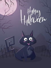 Vector illustration with design template for halloween event banner with detailed cemetery landscape, trees , fullmoon, detailes flat black cat and happy halloween hand lettering label